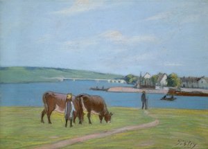 Tehenek a Szajna partján Saint-Mammes-ban (pasztell)